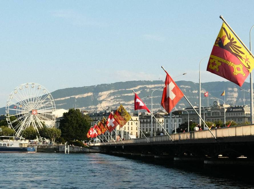 A body of water with a bridge and a ferris wheel in the background